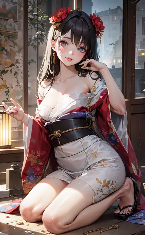 (masterpiece, sidelighting, finely detailed beautiful eyes: 1.2), masterpiece*portrait, realistic, 3d face, glowing eyes, shiny hair, lustrous skin, solo, looking at viewer, full body, kimono, 3D eye make up