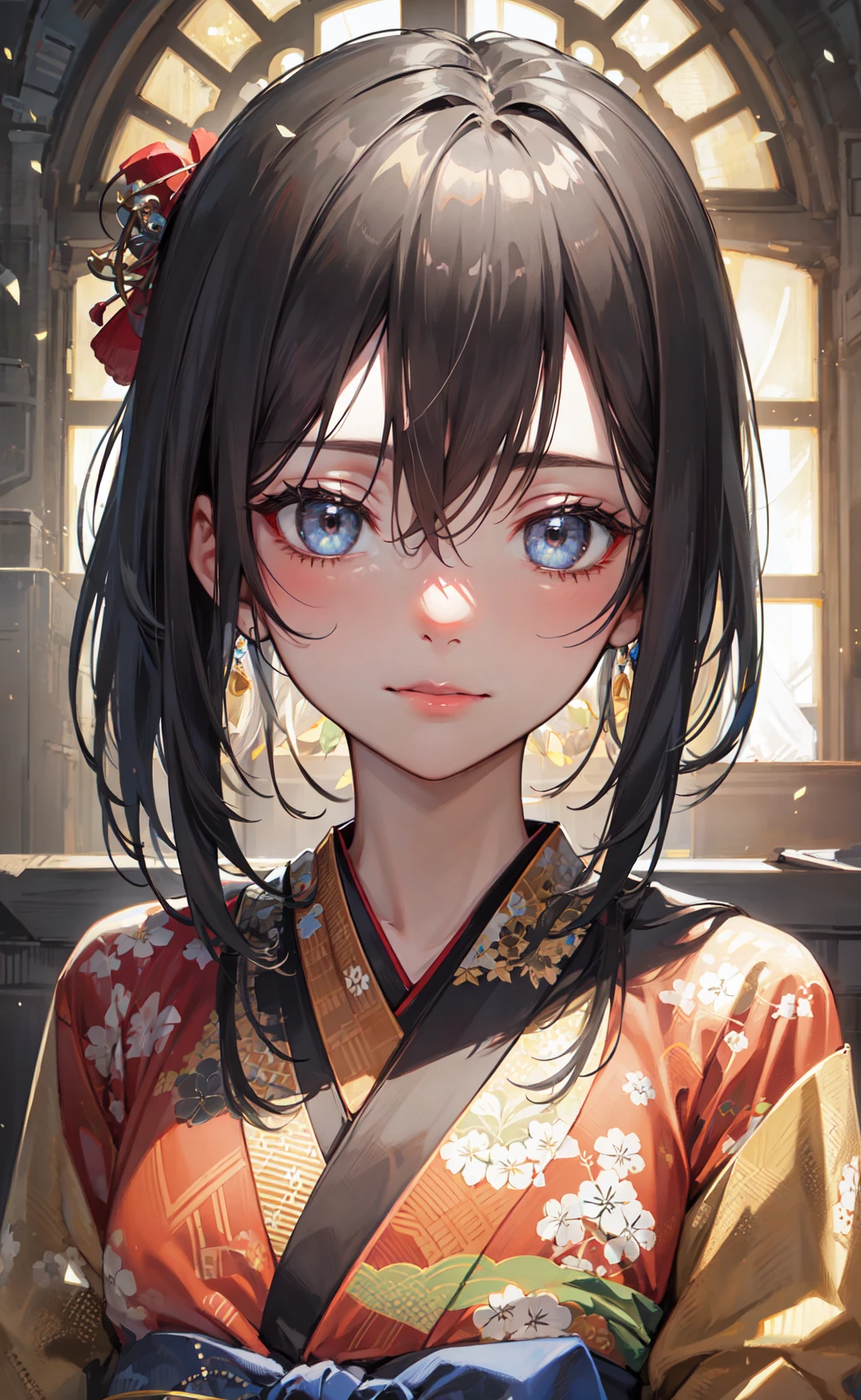 (masterpiece, sidelighting, finely detailed beautiful eyes: 1.2), masterpiece*portrait, realistic, 3d face, glowing eyes, shiny hair, lustrous skin, solo, looking at viewer, upper body, kimono, japanese red kimono,