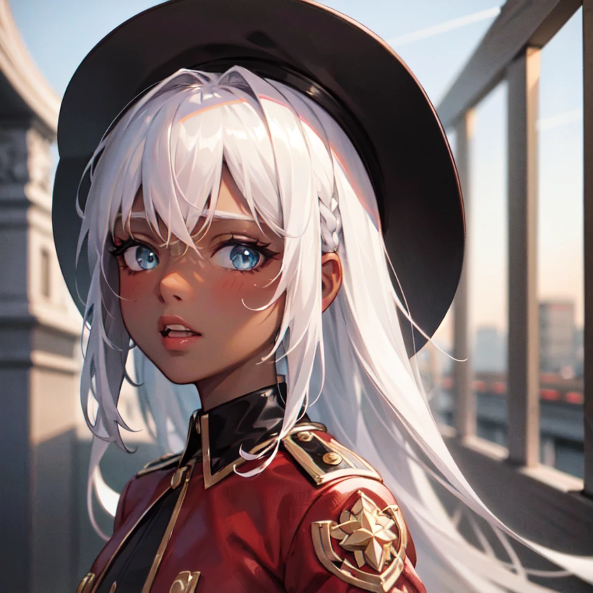 ((masterpiece)), (best quality), 1girl, sfw, black skin, dark skin, darkest skin, mad face, white teeth, white hair, burning city on background:1.1, detailed background:1.4, communist flag:1.2 (masterpiece, sidelighting, finely detailed beautiful eyes: 1.3), masterpiece*portrait, realistic, 3d face, lustrous skin, racism, slave, beautiful, adult woman, communism:1.2