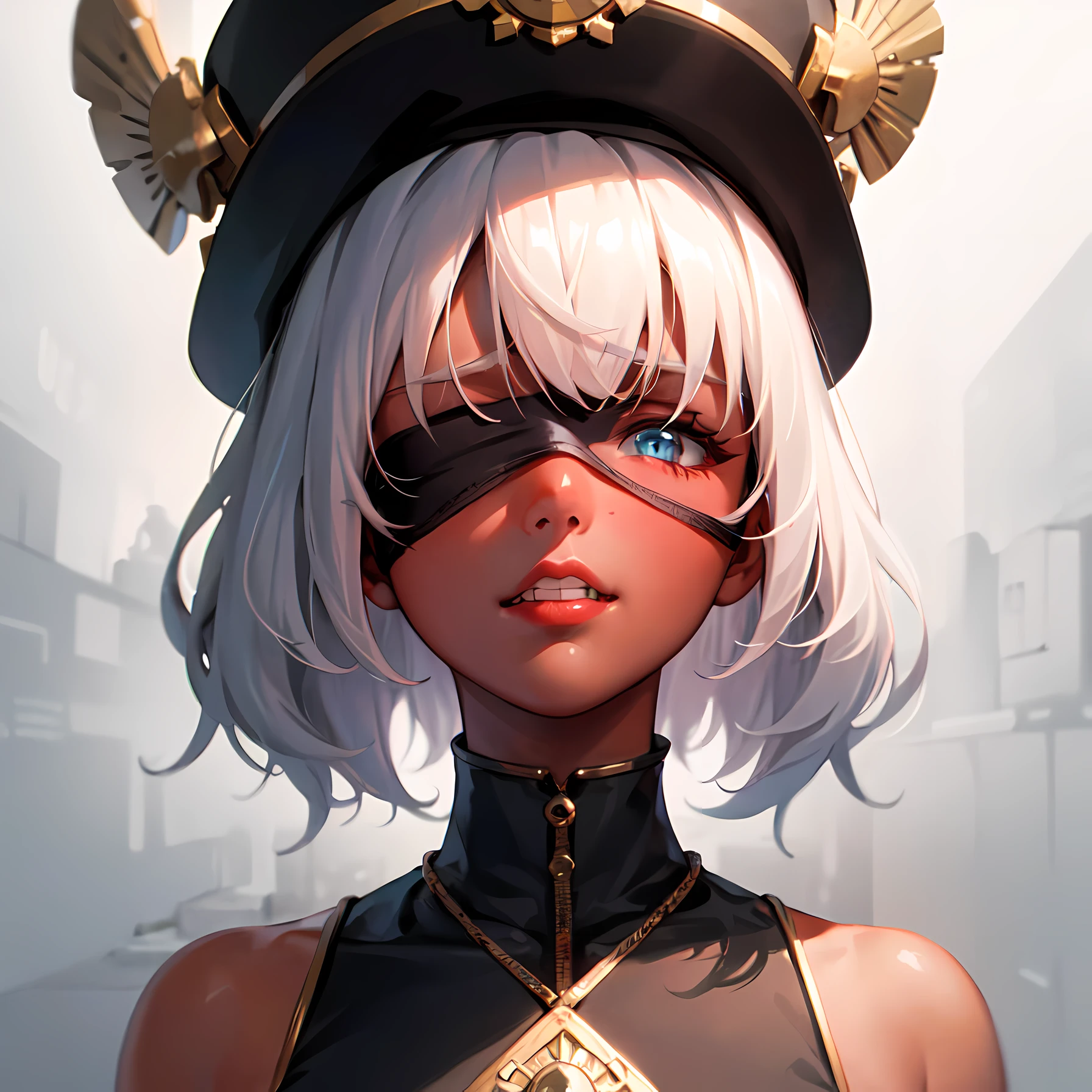 ((masterpiece)), (best quality), 1girl:1.3, sfw, black skin, dark skin, darkest skin, mad face, white teeth, white hair, detailed background:1.1, communist flag:1.2 (masterpiece, sidelighting, finely detailed beautiful eyes: 1.3), masterpiece*portrait, realistic, 3d face, lustrous skin, racism, slave, beautiful, adult woman, communism:1.3, blindfolded, missing arm, short hair, perfect face