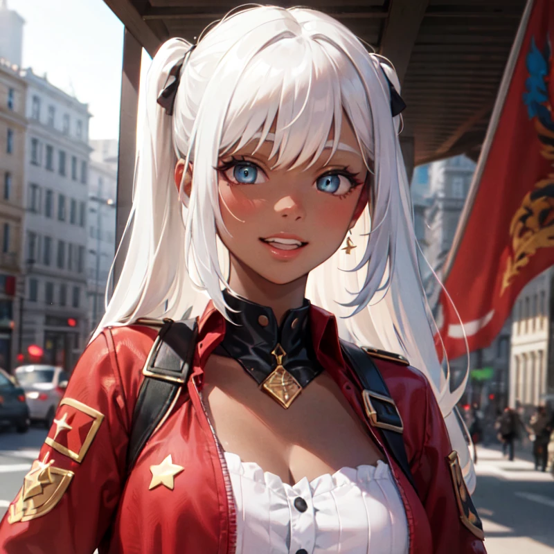 ((masterpiece)), (best quality), 1girl, sfw, black skin, dark skin, darkest skin, smiling, white teeth, white hair, burning city on background, detailed background:1.1, communist flag (masterpiece, sidelighting, finely detailed beautiful eyes: 1.2), masterpiece*portrait, realistic, 3d face, lustrous skin, racism, slave, beautiful, adult woman,