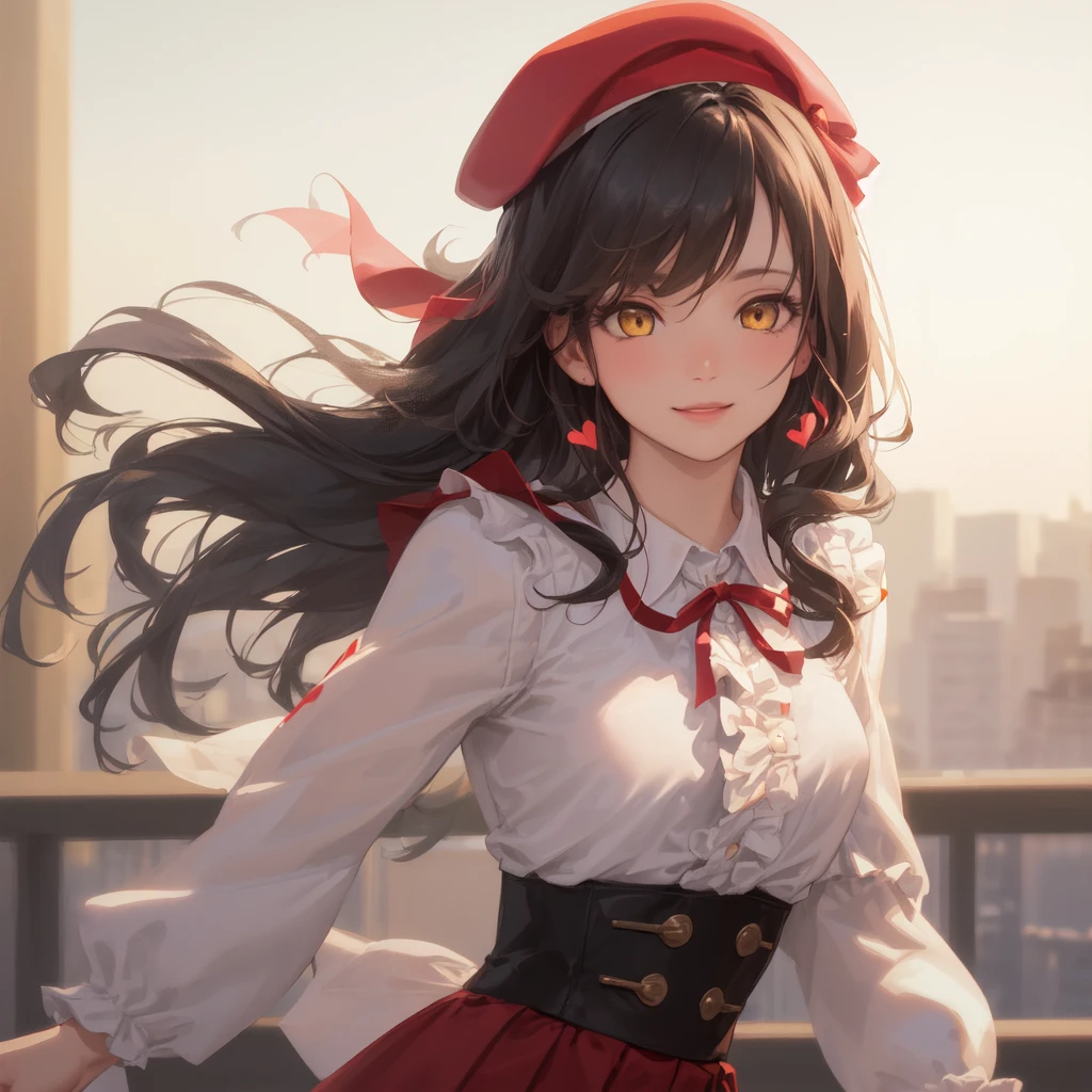 Photo, upper body bust shot, close up,
1girl, (( long hair with bangs, black colored hair)),
(masterpiece, sidelighting, finely detailed beautiful amber yellow eyes: 1.2),  best quality, hyper detailed, highres, ultra detialed, extremely detialed, intricate detials, 8k, hiqcg, high definition, extremely delicate and beautiful, 8k wallpaper, Amazing, finely detail,official art,extremely detailed CG unity 8k wallpaper, 3d face, perfect face, realistic, lustrous skin,  perfect skin, show Clavicle, (adult face:1.2), smile precure, Beautiful, pretty, beautiful detailed face, young lady, girlface, (maiden),  (medium_breasts:1.3), 
 (((white red Long-Sleeve Claudine Collar Frilled Blouse:1.2)), ((red High-Waist fluffy Skirt:1.2))), (((cute classy beret with ribbon:1.2))), floating hearts, 
cityscape, platform, coffe shop,