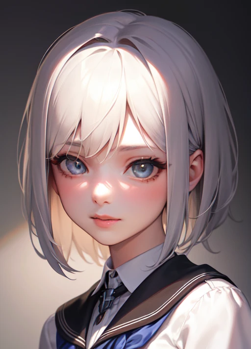 (masterpiece, sidelighting, finely detailed beautiful eyes: 1.2), masterpiece*portrait, realistic, 3d face, lustrous skin,very_short_cut,silver_hair,anastasia \(idolmaster\),school_uniform,