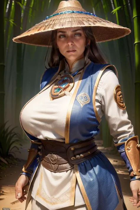 a woman in a hat and blue outfit posing for a picture