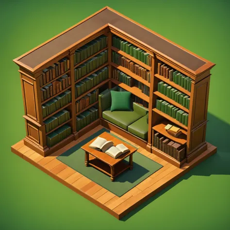 a cartoon illustration of a library with a couch and a table