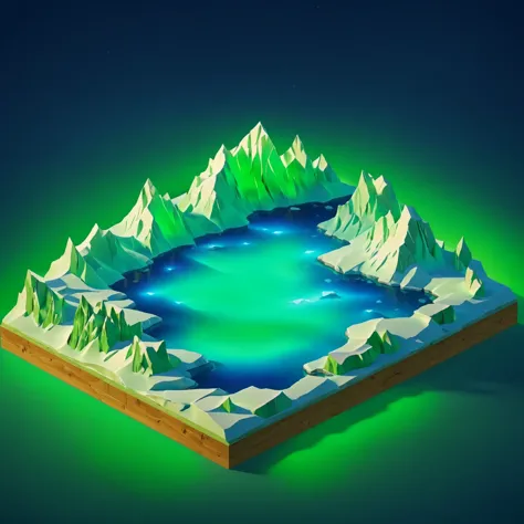 a 3d illustration of a lake surrounded by snow covered mountains