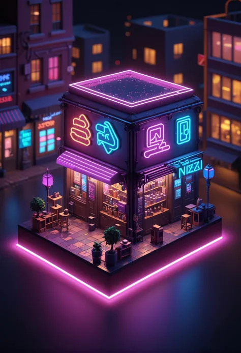 a small building with neon lights on it in the middle of a city