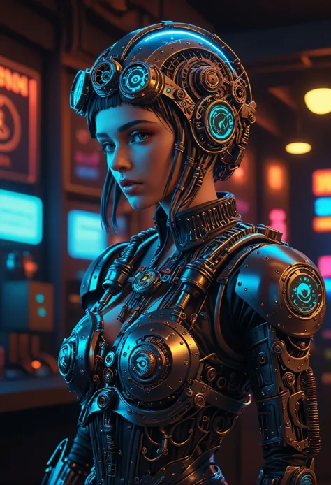 a woman in a futuristic outfit standing in front of a neon lit room