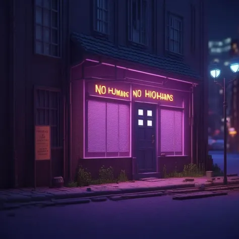 animated illustration of a purple neon sign on a building that says no smoking no homies