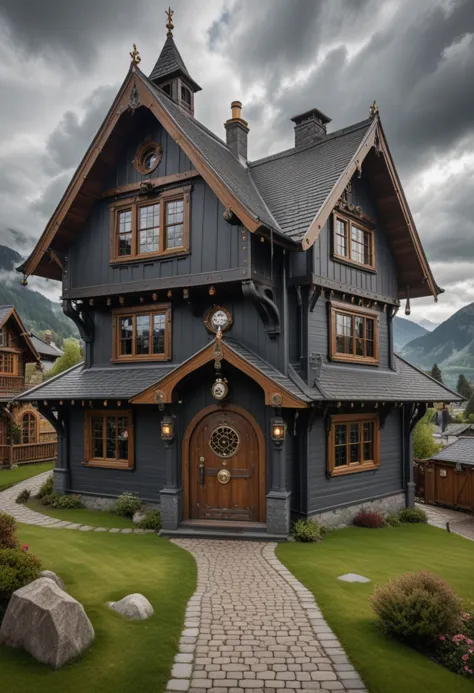 (medium full shot) of (grand dark grey steampunk house) with riveted metal panels, gabled roof, stained glass windows, arched wo...