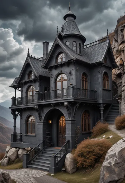 (medium full shot) of (cozy dark grey steampunk house) with gothic arches, mansard roof, arched windows with iron frames, revolv...