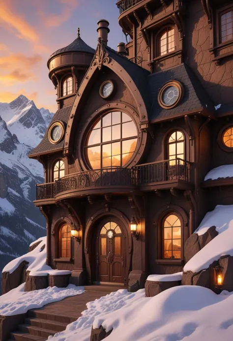 (medium full shot) of (luxurious deep brown steampunk house) with gothic arches, flat roof with mechanical elements, circular po...