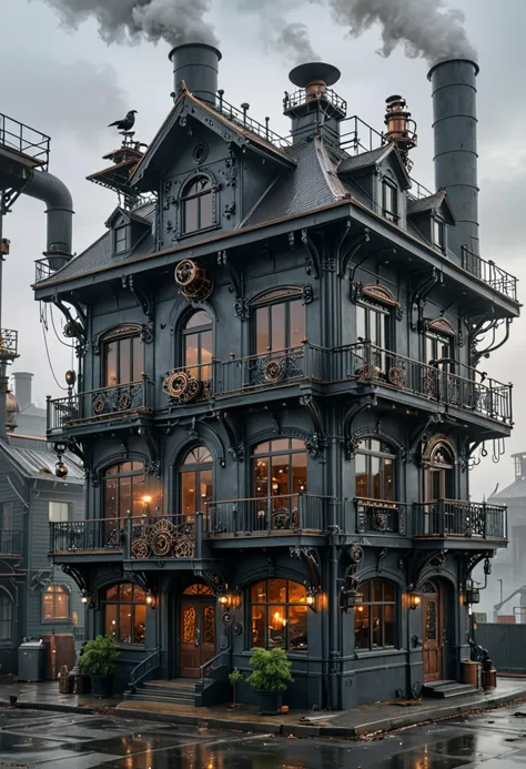 (medium full shot) of (luxurious dark grey steampunk house) with wooden beams, flat roof with mechanical elements, large bay win...