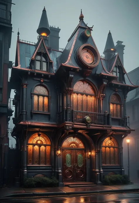 (medium full shot) of (cozy dark grey steampunk house) with riveted metal panels, copper roof with patina, stained glass windows...