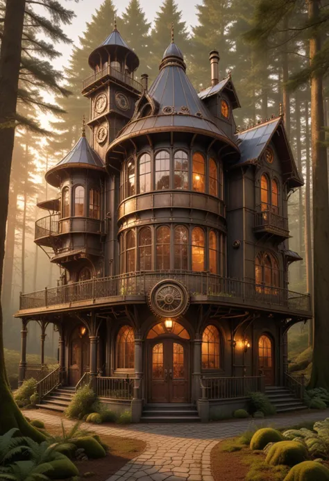 (medium full shot) of (spacious bronze steampunk house) with riveted metal panels, peaked roof with chimneys, arched windows wit...