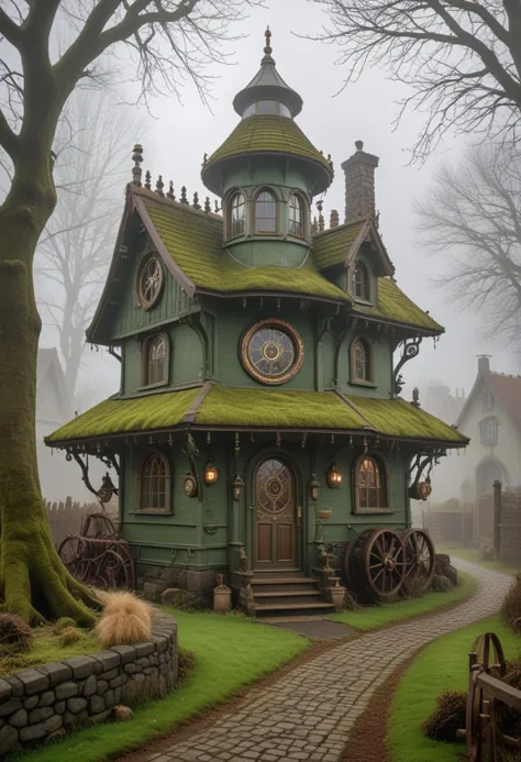 (medium full shot) of (compact moss green steampunk house) with ornate ironwork, peaked roof with chimneys, circular porthole wi...