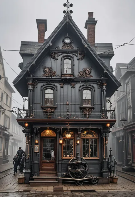 (medium full shot) of (compact dark grey steampunk house) with riveted metal panels, gabled roof, stained glass windows, metal d...