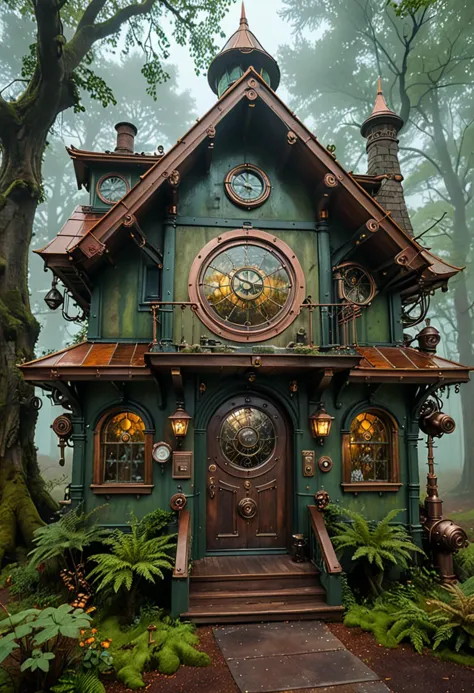 (medium full shot) of (grand moss green steampunk house) with wooden beams, copper roof with patina, stained glass windows, revo...