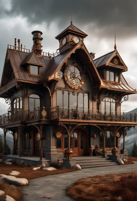 (medium full shot) of (spacious bronze steampunk house) with ornate ironwork, flat roof with mechanical elements, large bay wind...