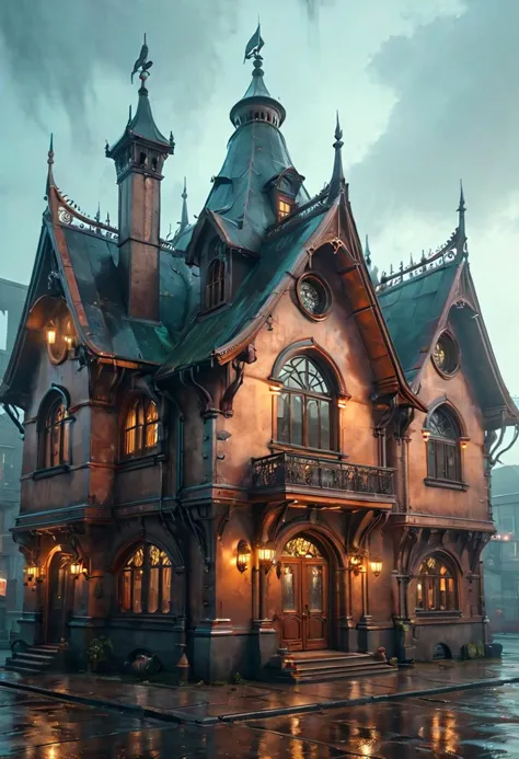 (medium full shot) of (spacious copper steampunk house) with gothic arches, mansard roof, small dormer windows, heavy wooden doo...