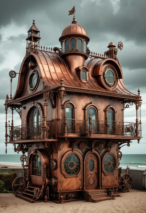 (medium full shot) of (compact copper steampunk house) with ornate ironwork, flat roof with mechanical elements, arched windows ...