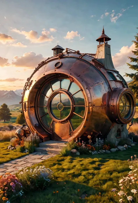 (medium full shot) of (compact copper steampunk house) with stone masonry, mansard roof, circular porthole windows, revolving door with mechanical gears, retro-futuristic lamps, located in  an open field, with wildflowers, scattered trees, and distant mountains, at sunset, ,Masterpiece,best quality, photo, realistic, very aesthetic,