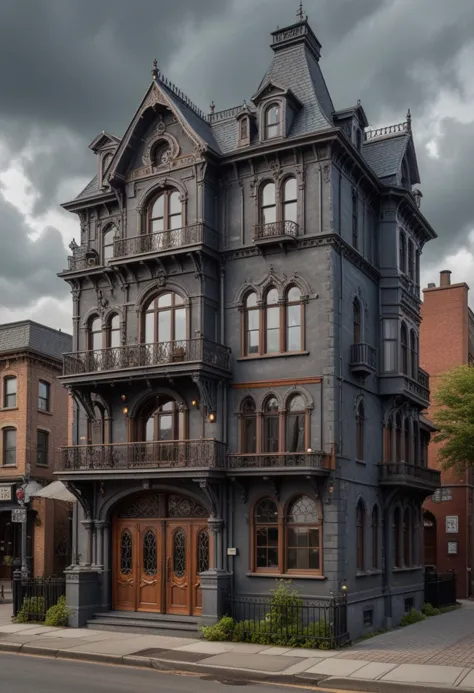 (medium full shot) of (spacious dark grey steampunk house) with ornate ironwork, mansard roof, arched windows with iron frames, ...