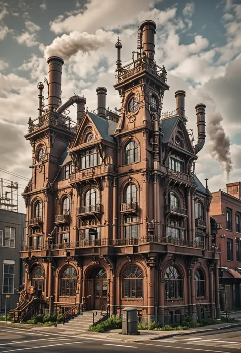 (medium full shot) of (spacious bronze steampunk house) with stone masonry, peaked roof with chimneys, stained glass windows, double doors with glass panels, steam pipes and valves, located in  an industrial cityscape, featuring tall smokestacks, steam billowing from factories, and iron bridges, ,Masterpiece,best quality, photo, realistic, very aesthetic