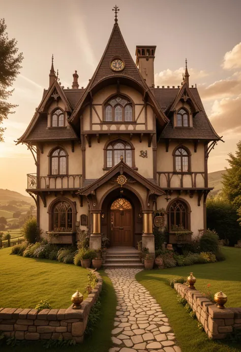 (medium full shot) of (cozy sepia steampunk house) with gothic arches, peaked roof with chimneys, stained glass windows, arched ...