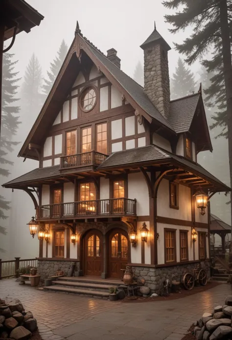 (medium full shot) of (grand antique white steampunk house) with wooden beams, peaked roof with chimneys, large bay windows, arched wooden door with brass knocker, vintage lanterns, located in  a remote mountain cabin, with a roaring fireplace, rustic decor, and cozy atmosphere, during a foggy morning, Masterpiece,best quality, photo, realistic, very aesthetic,