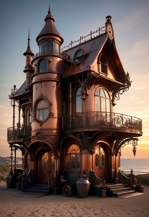 (medium full shot) of (spacious copper steampunk house) with ornate ironwork, copper roof with patina, large bay windows, revolv...