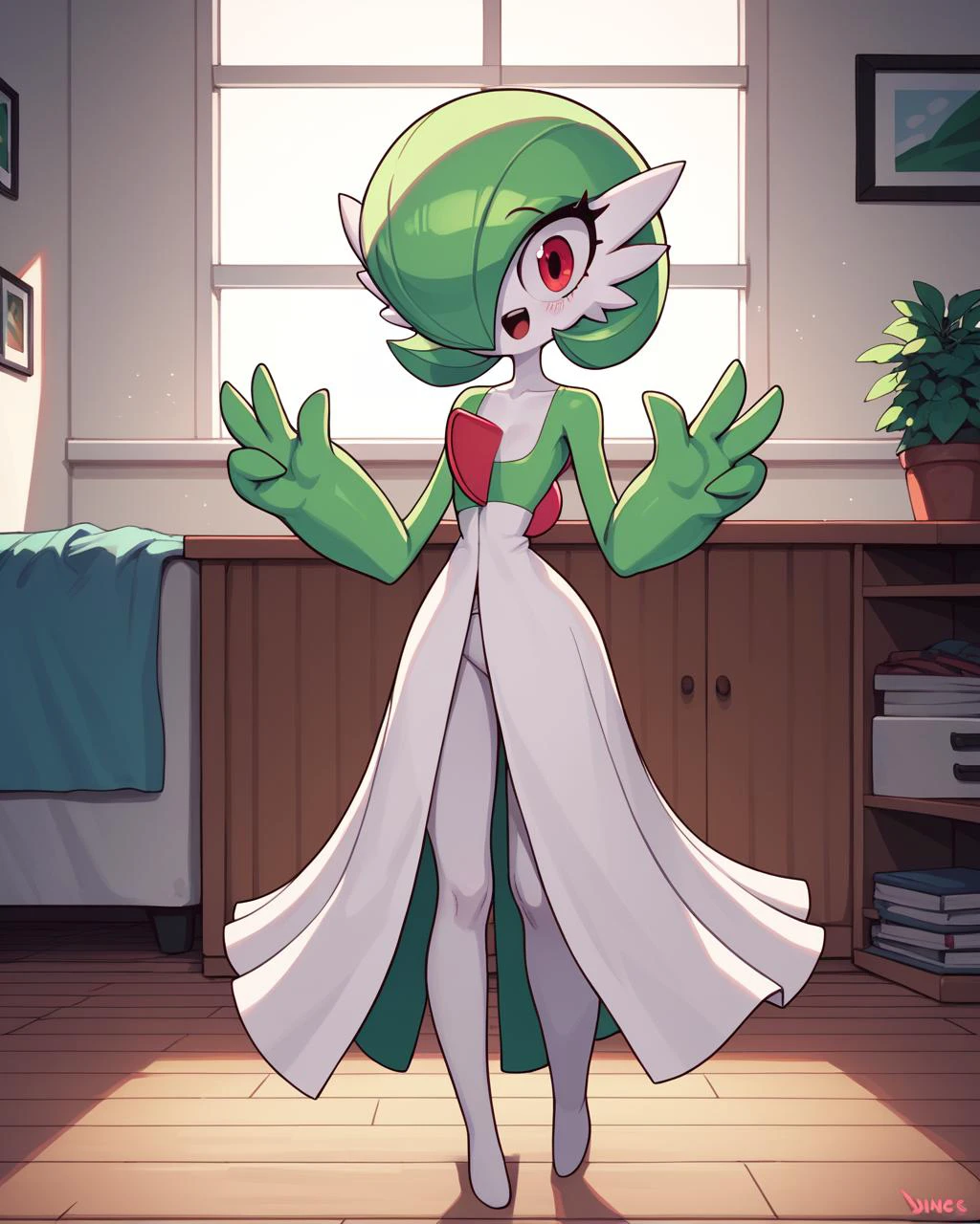 puntaje_9, puntaje_8_arriba, 1 chica, gardevoir, feliz, cuerpo completo, adentro, proporciones humanas, mirando al espectador, por diives, 