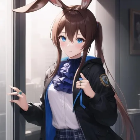 (masterpiece, best quality:1.2),illustration,8k,hd,1girl,solo,upper body,(portrait:1.2),medium breasts,animal_ears,brown_hair,rabbit_ears,long_hair,blue_eyes,bangs,hair_between_eyes,jewelry,ring,sidelocks,ascot,ponytail,black_jacket,black_pantyhose,blue_skirt,jacket,long_sleeves,open_clothes,open_jacket,pantyhose,shirt,skirt,white_shirt,pleated_skirt,blush,thumb_ring,very_long_hair,miniskirt,