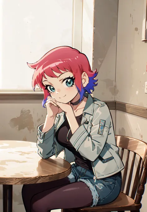 anime girl sitting at a table with her hand on her chin