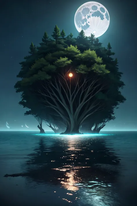 a tree with a full moon in the background and water