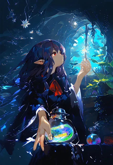 scenery, high elf, hermit witch, jill stingray, (twintails:1.2), dark purple hair, red eyes. fantasy sorceress clothes, hands around a floating ball of light, focus on ball of light with a baby dragon inside, close-up, reaching hands towards camera, hands below a floaing orb of light,
((clean lines, source: anime, detailed fingers, high quality, best quality, masterpiece, rating: g score: 9, score: 8 up)), in well lit cave, tree roots, cauldron, witch tools,  transparent cauldron, shiny green liquid, small fairy lanterns, witch tools, great lighting, floating shining stars, shining golden particles, perfect hands,