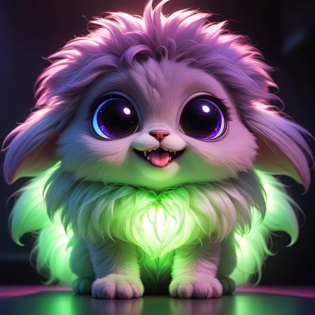 dark aesthetic, a cute (alien pet), fluffy, funny, happy, backlight