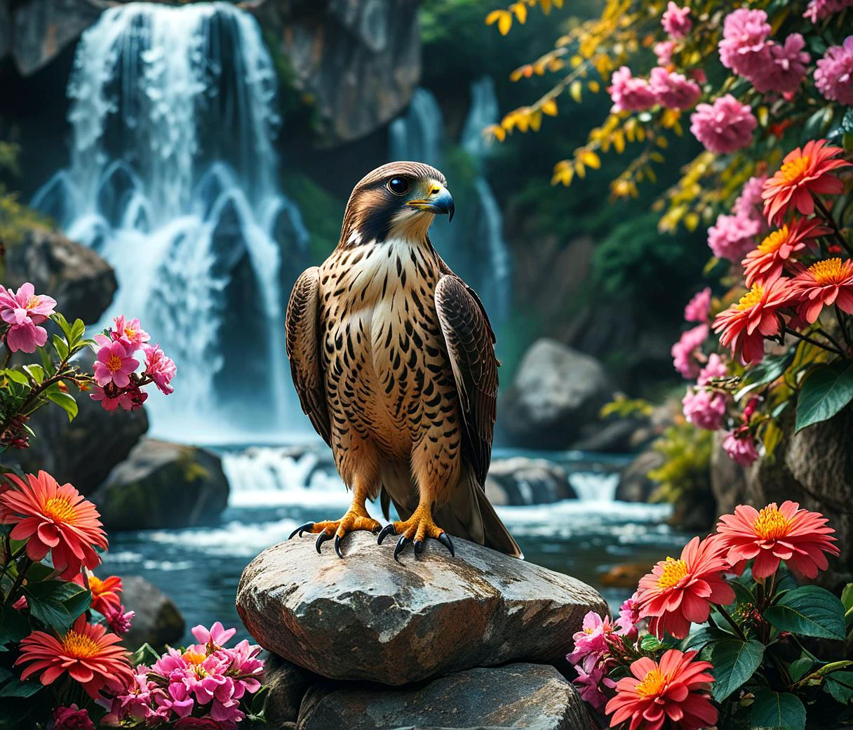 Obra de arte, Simétrico, Pós-processamento, cinematic, uma fotografia de um falcão, de pé sobre uma grande pedra, Várias lindas flores ao lado, fundo de cachoeira