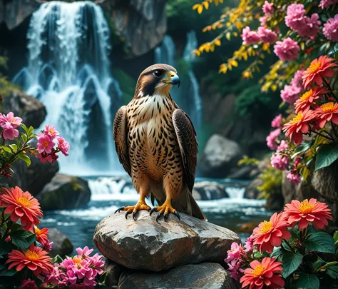 masterpiece, symmetrical, post processing, cinematic, a photograph of a falcon, standing on a large stone, Various beautiful flo...