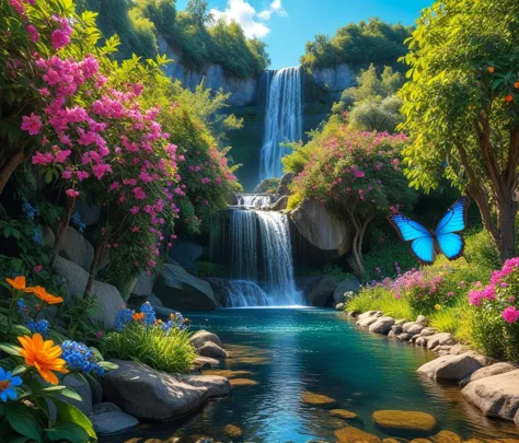 a beautiful scene, a waterfall with flowers on the side and fruit trees, a blue butterfly roams, vibrant colors and shine, high contrast