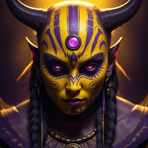 Digital art, fantasy creature, glowing eyes, tribal markings, yellow and purple color palette, dark atmosphere, menacing express...