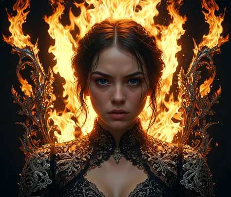masterpiece, symmetrical, post processing, cinematic, angry female, highly detailed face, breathing out flames, lace filigree