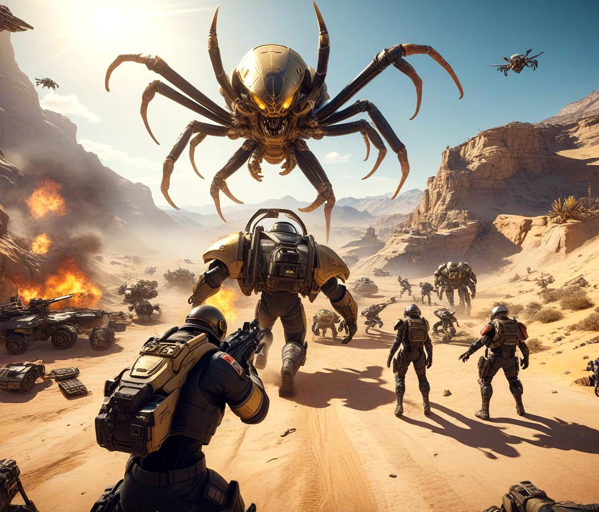 لعبة Helldivers 2 تبادل لاطلاق النار مع الأجانب, (الأجانب العنكبوت الكبير), أسلوب جنود المركبة الفضائية, انفجارات, نار, زاوية واسعة, مشهد سينمائي كامل, من مسافة, تتبع الأشعة