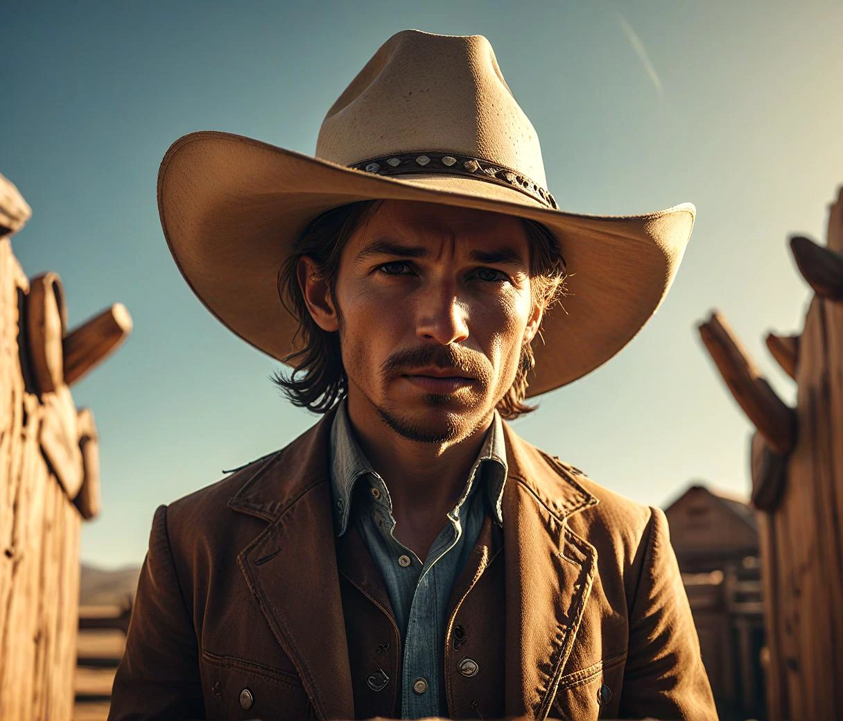 западный стиль, ковбой в шляпе, ранчо как фон, серьезный взгляд, зернистость, яркий, высокий контраст, высшее качество