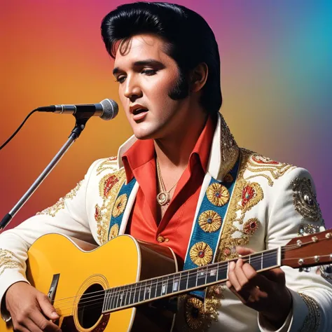 hippie art with Elvis singing, long sideburns, carefully selected hyper colors, modern, masterpiece, highest quality, Midjourney...