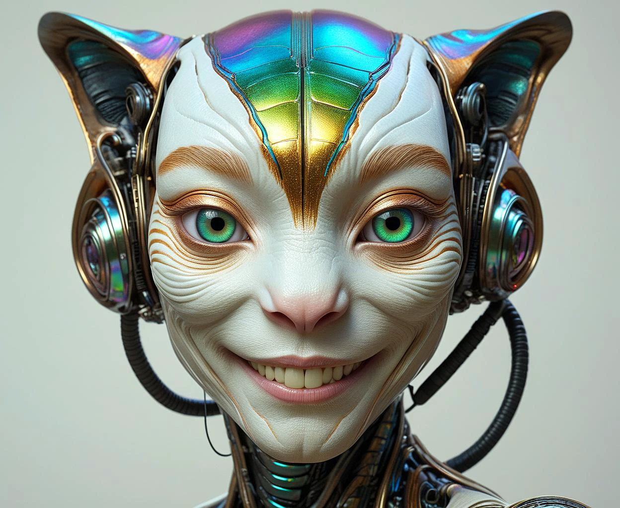 un alienígena parecido a un humano maravillosamente detallado con tecnología avanzada y características misteriosas, sonriente, piel iridiscente, Rasgos del tigre