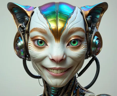 a wonderfully detailed human like alien with advanced technology and mysterious features, smiling, iridescent skin, tiger traits