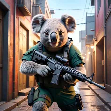 koala, rainbow siege operator ingame with a gun running in alley