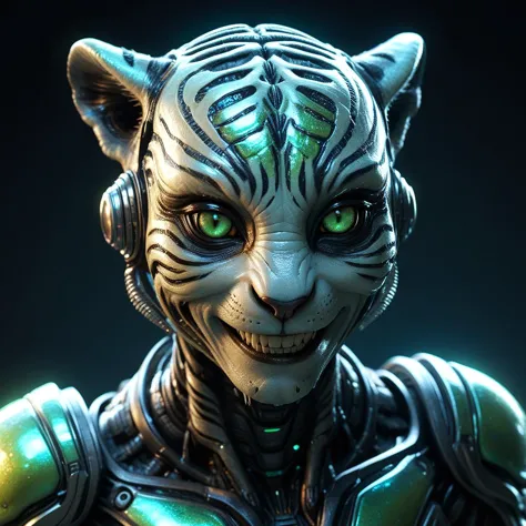 a wonderfully detailed human like alien with advanced technology and mysterious features, smiling, iridescent skin, tiger traits