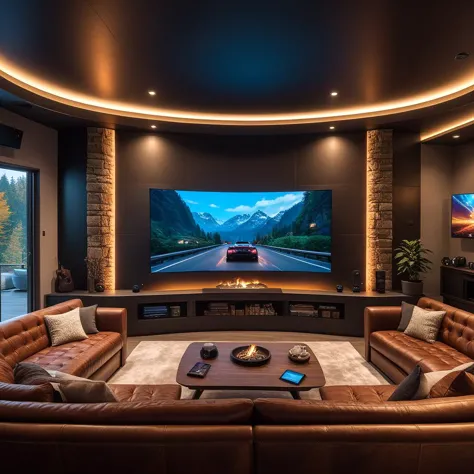 gamer room setup, 100 inch curved gaming screen, leather couch, fireplace, masterpiece, highest quality, symmetrical, hyperdetai...